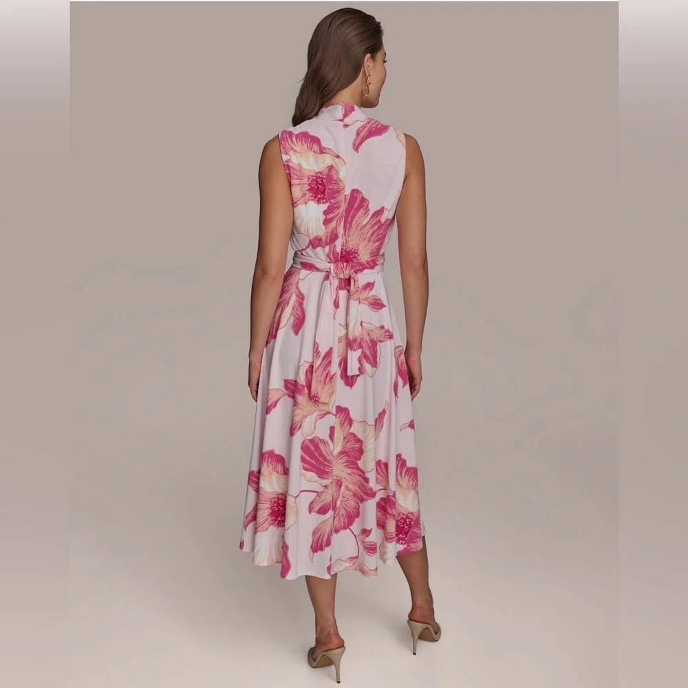 NWT Donna Karan Floral A-Line Midi Dress. Size 12. Misty Rose Pink - Picture 8 of 10